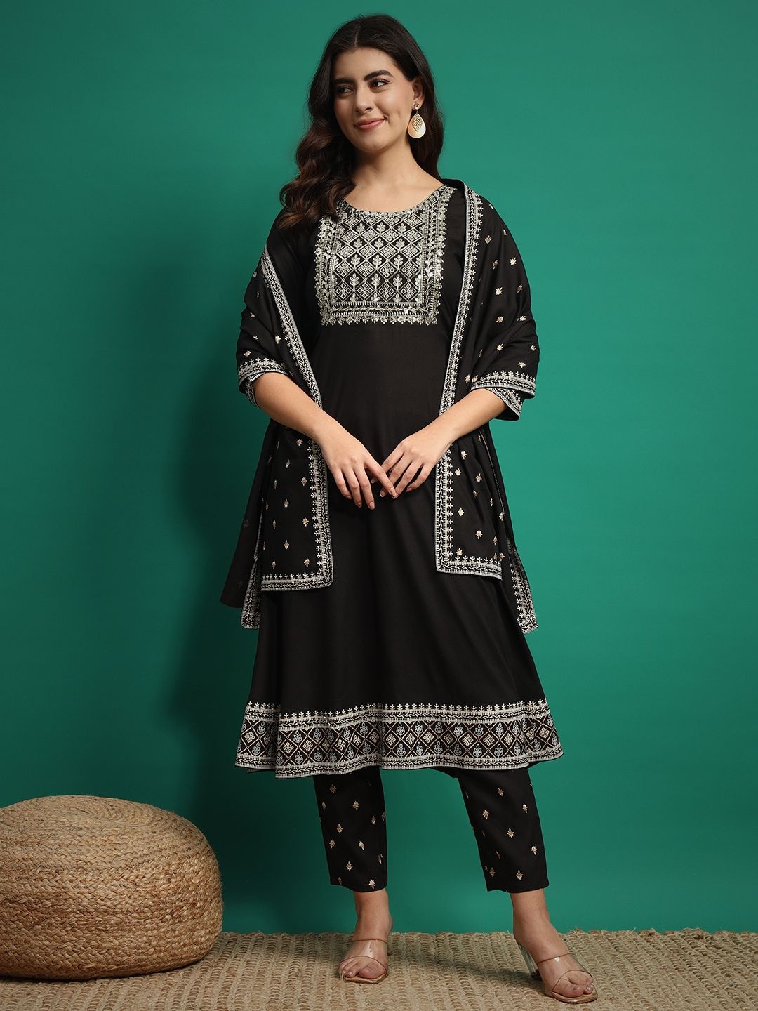 

V.S.Creation Ethnic Motifs Embroidered Sequinned Anarkali Kurta With Trouser & Dupatta, Black