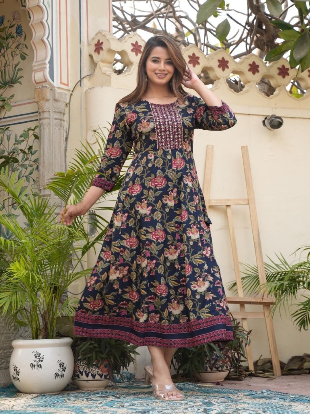 

QBO FASHION Floral Printed Mirror Work Anarkali Kurta, Blue