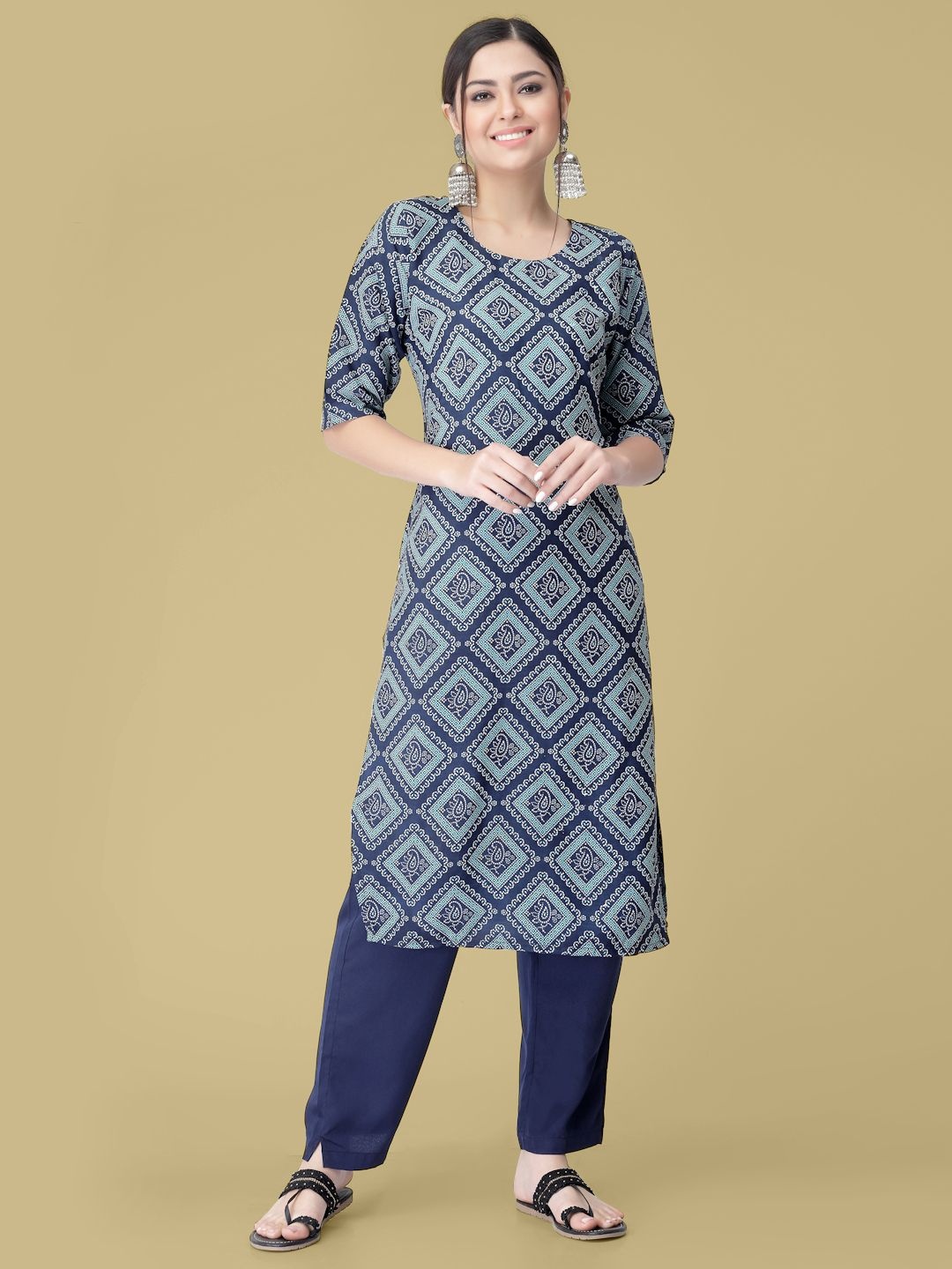 

7Threads Ethnic Motifs Printed Round Neck Kurta With Trousers, Navy blue