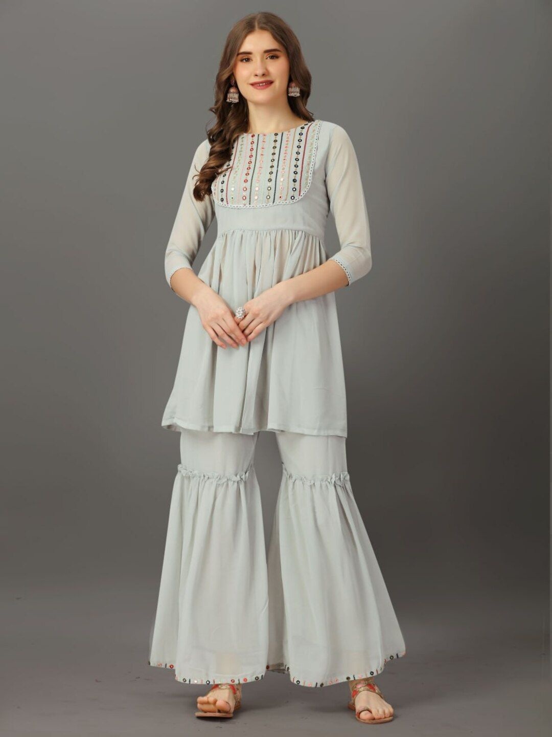 

SHIJILA Women Yoke Design Regular Mirror Work Kurti with Sharara, Grey