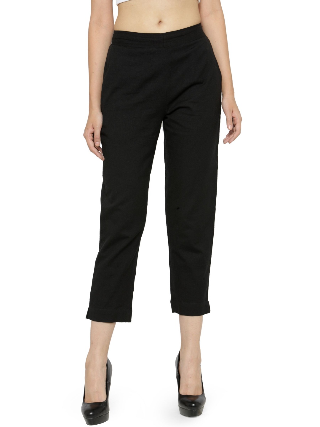 

Indibelle Women Cotton Mid-Rise Trousers, Black