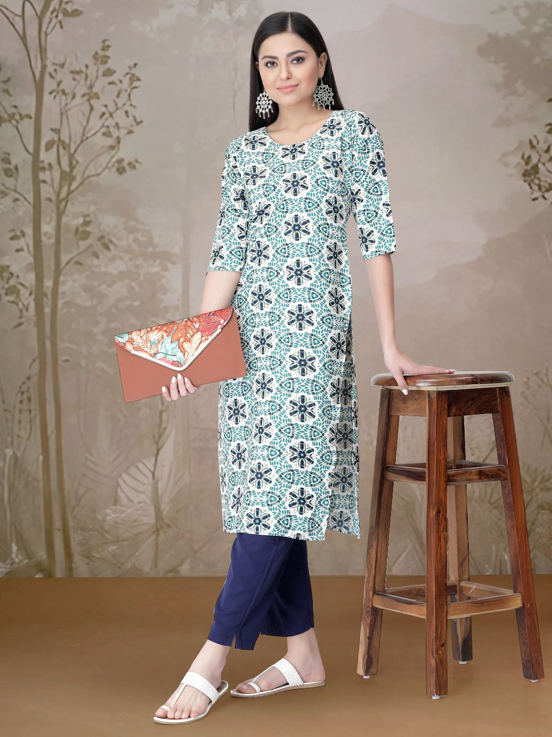 

7Threads Ethnic Motifs Printed Round Neck Straight Kurta With Trouser, White