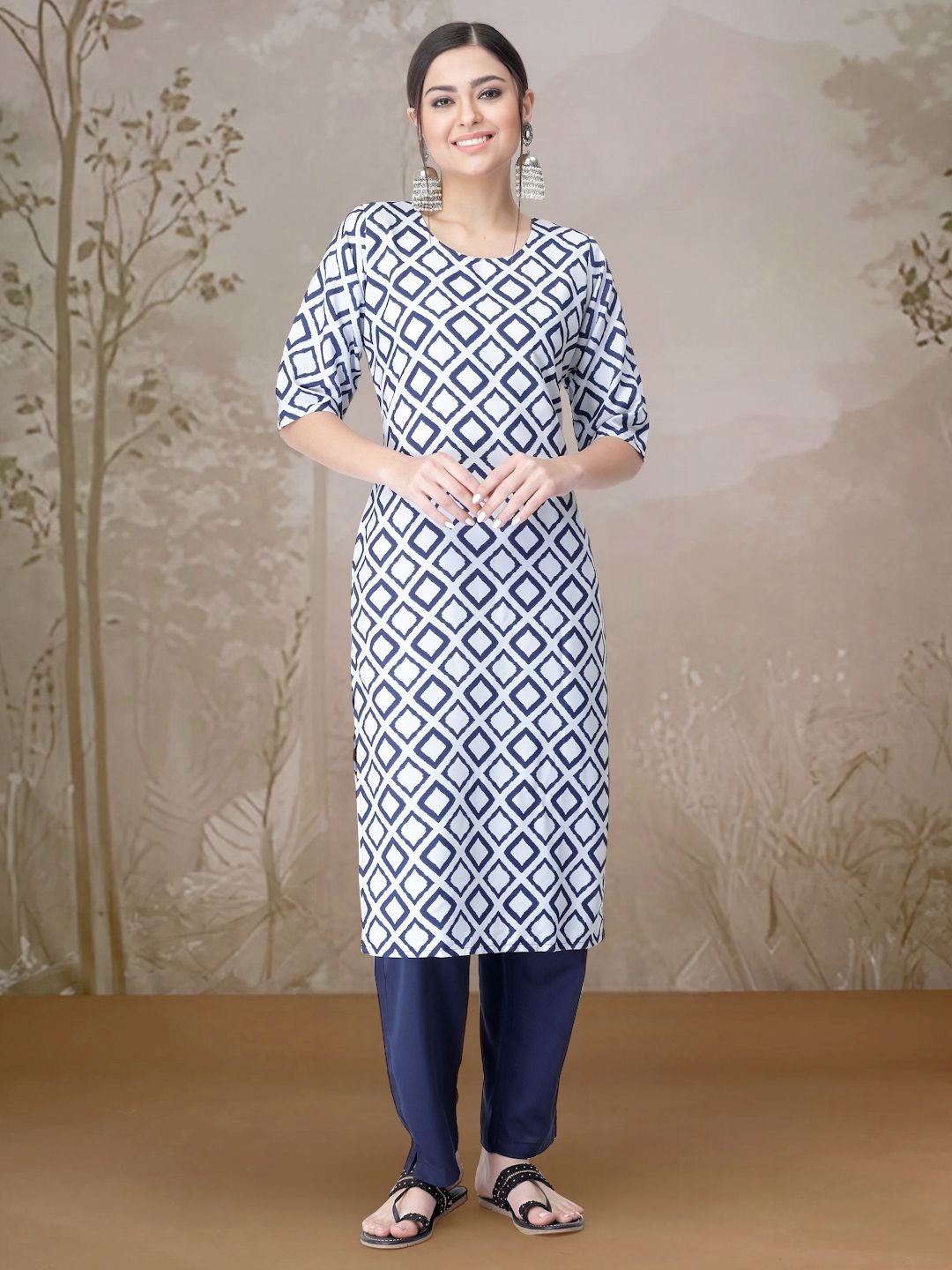 

7Threads Geometric Printed Round Neck Straight Kurta With Trousers, White