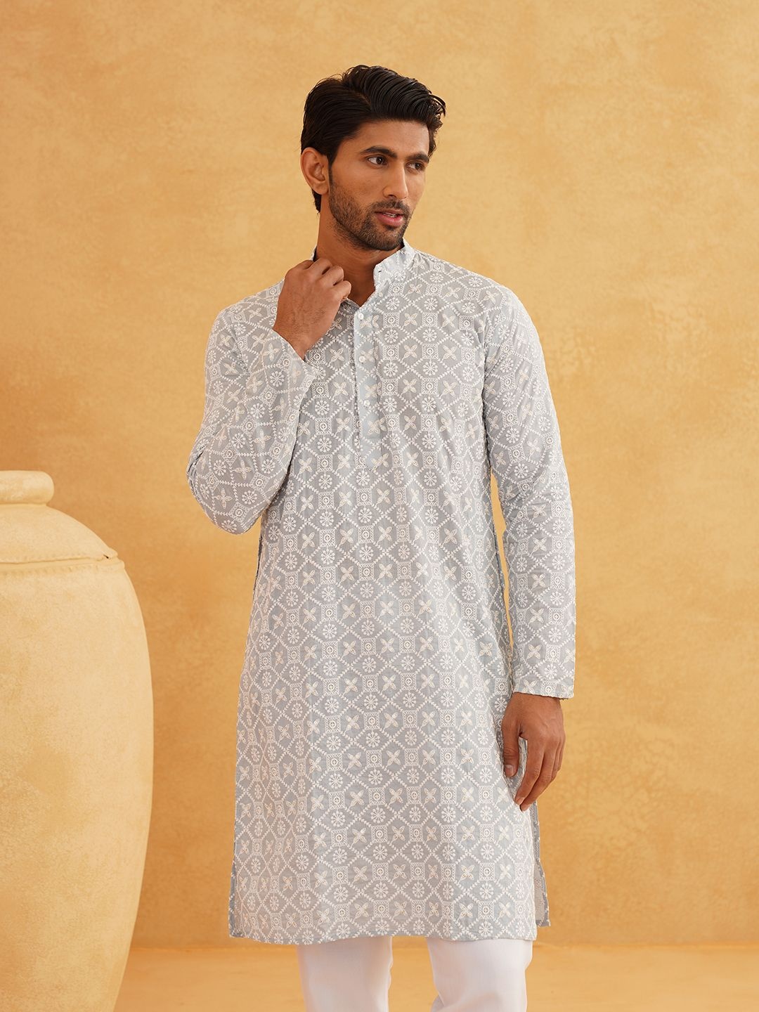 

SOJANYA Chikankari Embroidered Band Collar Pure Cotton Straight Long Kurta, Grey