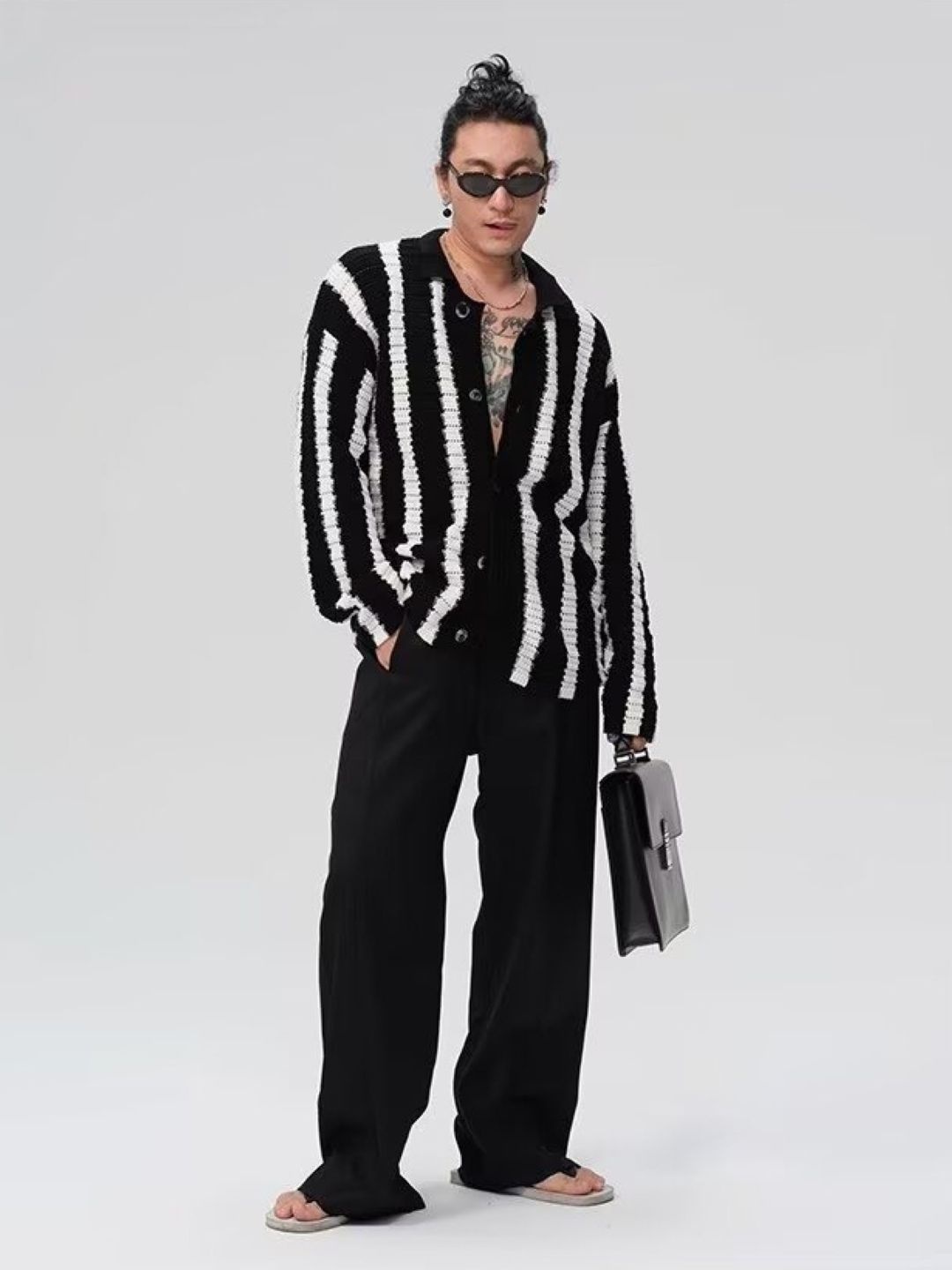 

StyleCast Men Shirt Collar Striped Cardigan Sweater, Black
