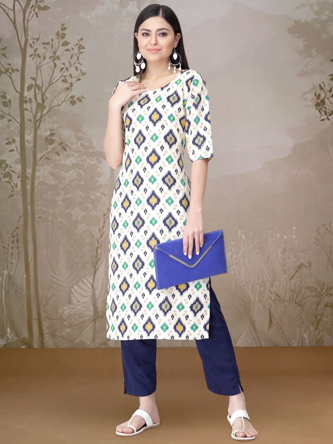 

7Threads Ethnic Motifs Printed Round Neck Straight Kurta With Trouser, Beige