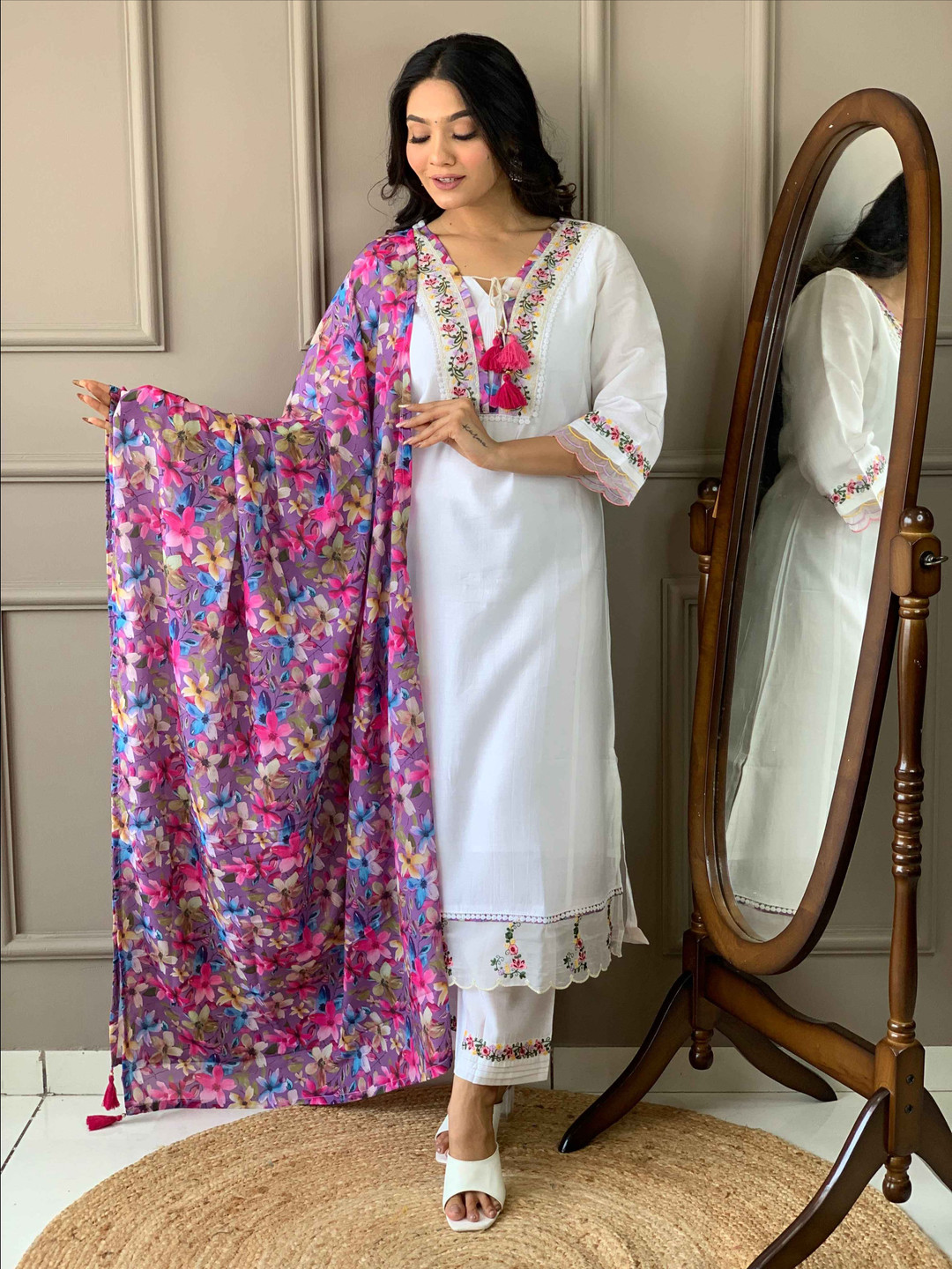

Fabdeal Floral Embroidered Embellished Tie-Up Neck Straight Kurta With Trouser And Dupatta, White