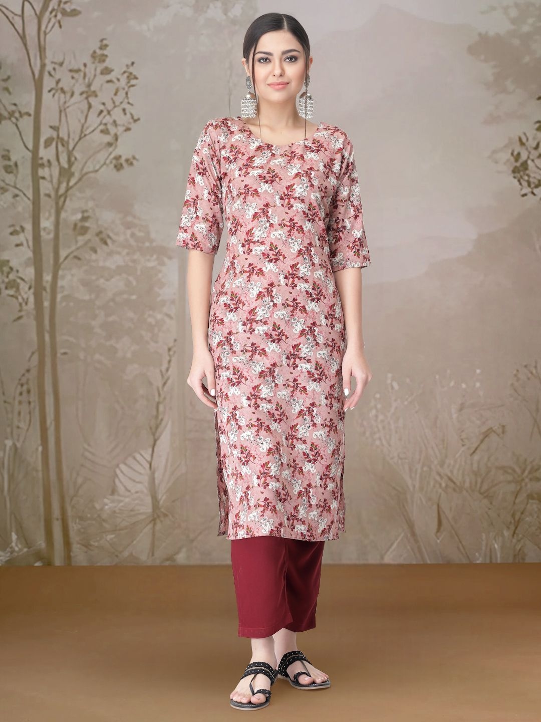 

7Threads Floral Printed Round Neck Straight Kurta With Trousers, Pink