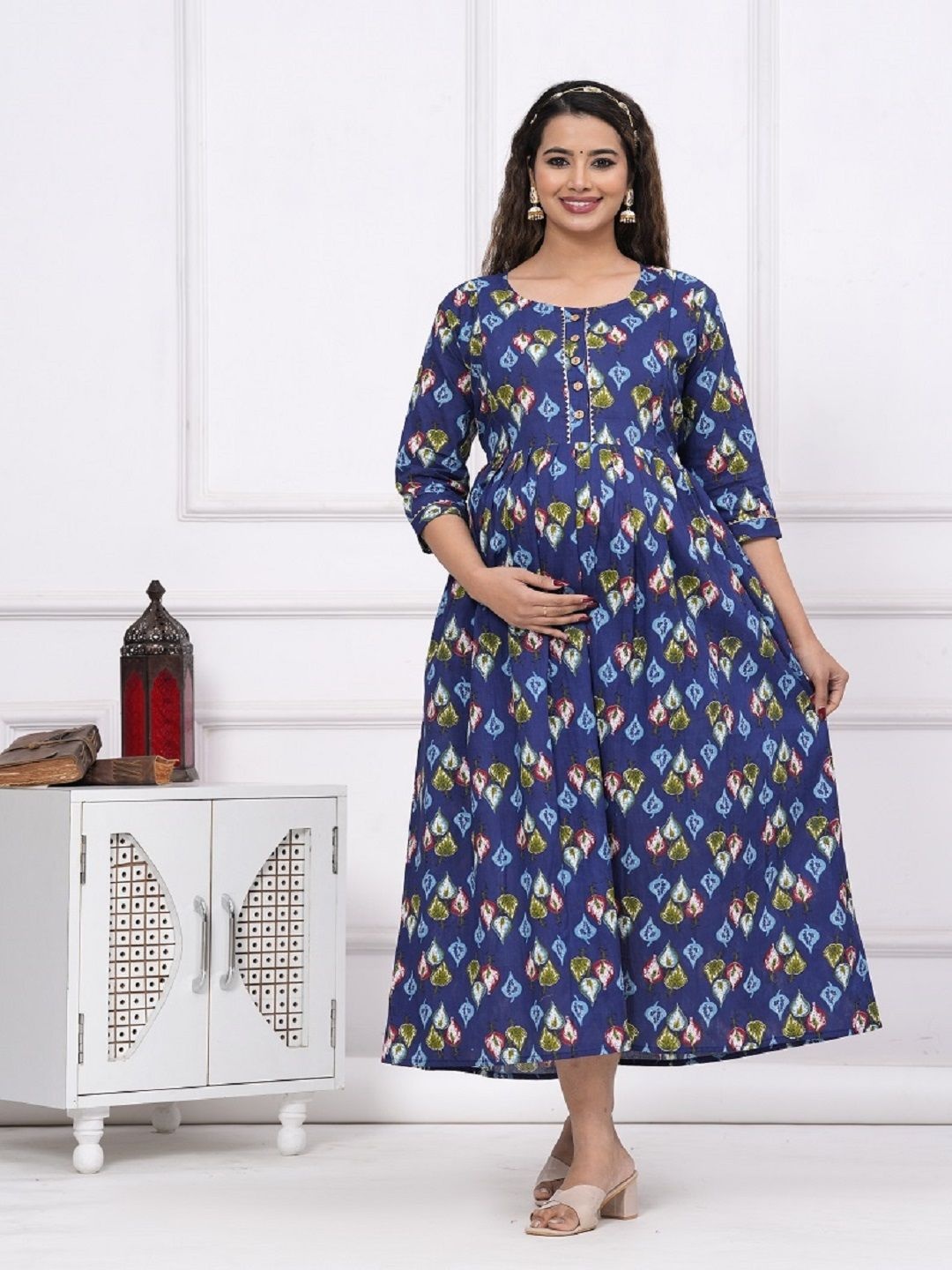 

Nevisha Style Floral Printed Pleated Gotta Patti Maternity Pure Cotton Anarkali Kurtas, Navy blue