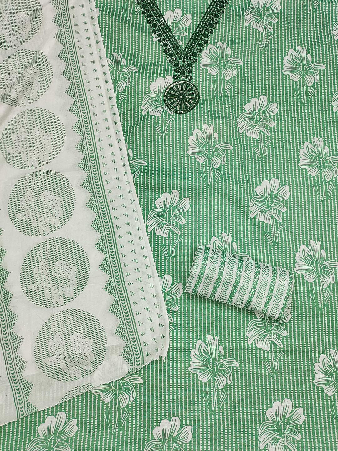 

KALINI Floral Printed Thread Work Unstitched Dress Material, Green