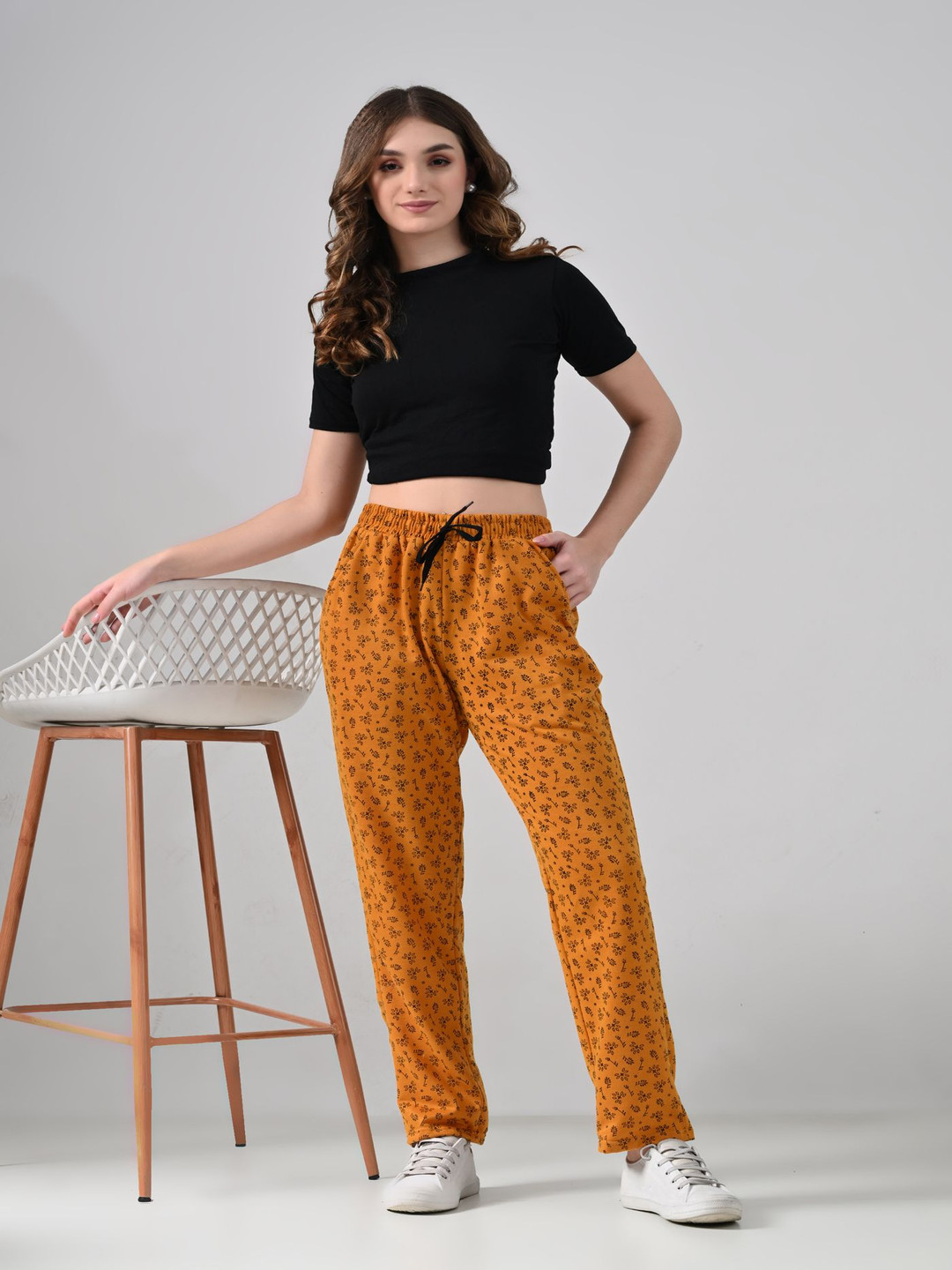 

BAESD Women Printed Mid Rise Fleece Warm Track Pants, Mustard