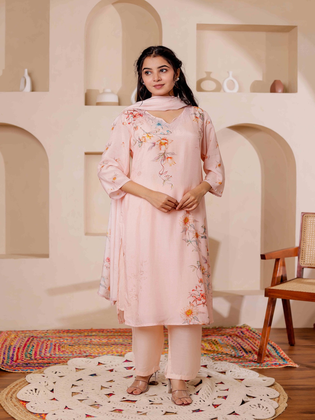 

Chandbaali Floral Printed Straight Pure Cotton Kurta With Trousers And Dupatta, Peach