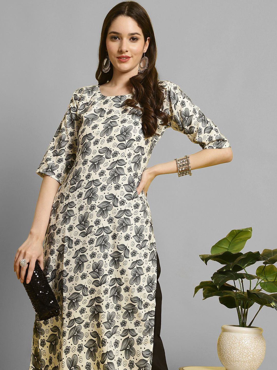 

7Threads Floral Printed Round Neck Straight Kurta with Trouser, Beige