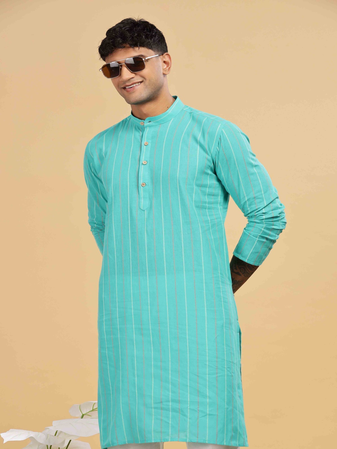 

Anouk Striped Printed Mandarin Collar Straight Kurta, Sea green