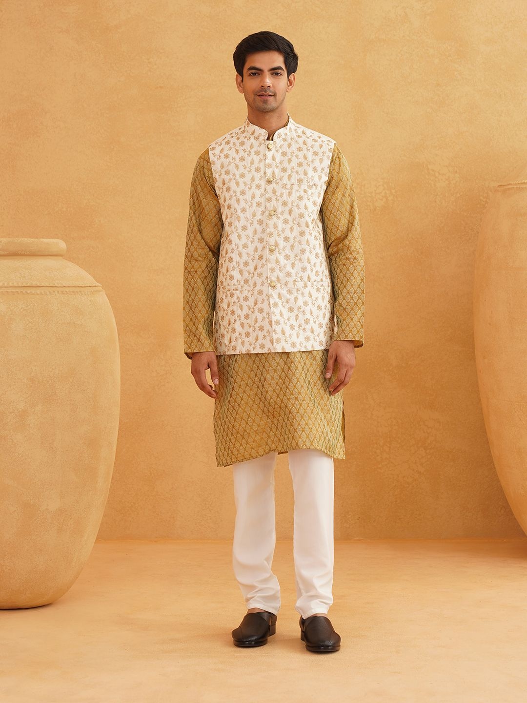 

SOJANYA Ethnic Motifs Printed Mandarin Collar Kurta With Churidar And Nehru Jacket, Mustard