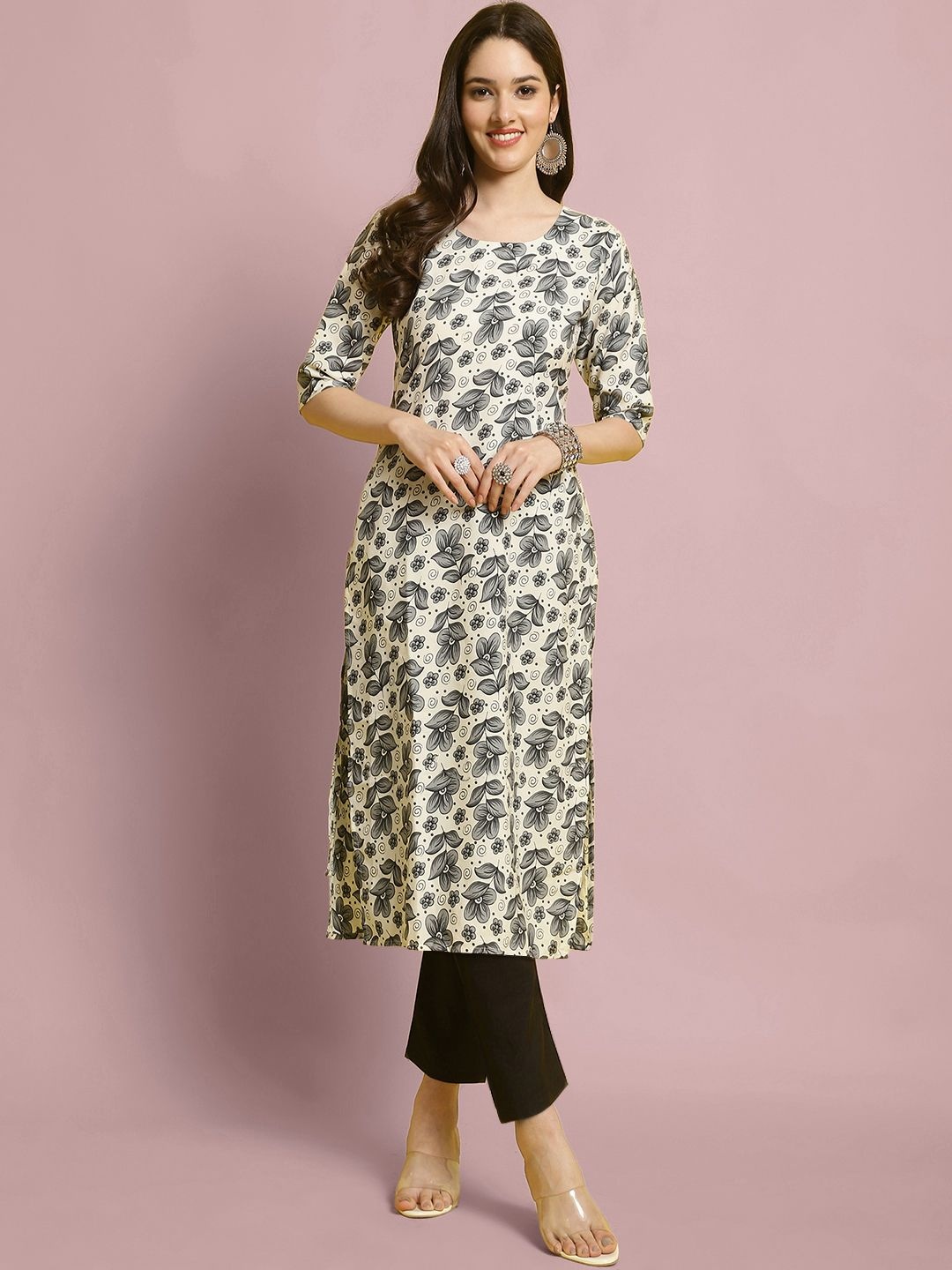 

7Threads Floral Printed Straight Kurta With Trouser, Off white