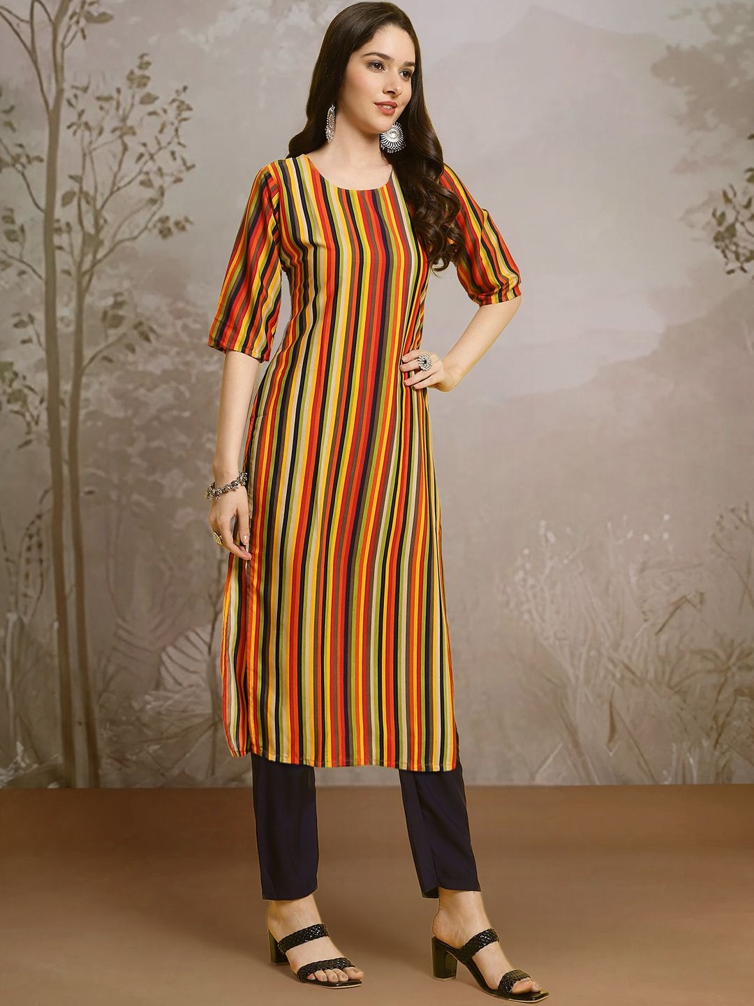 

7Threads Striped Round Neck Straight Kurta With Trousers, Yellow