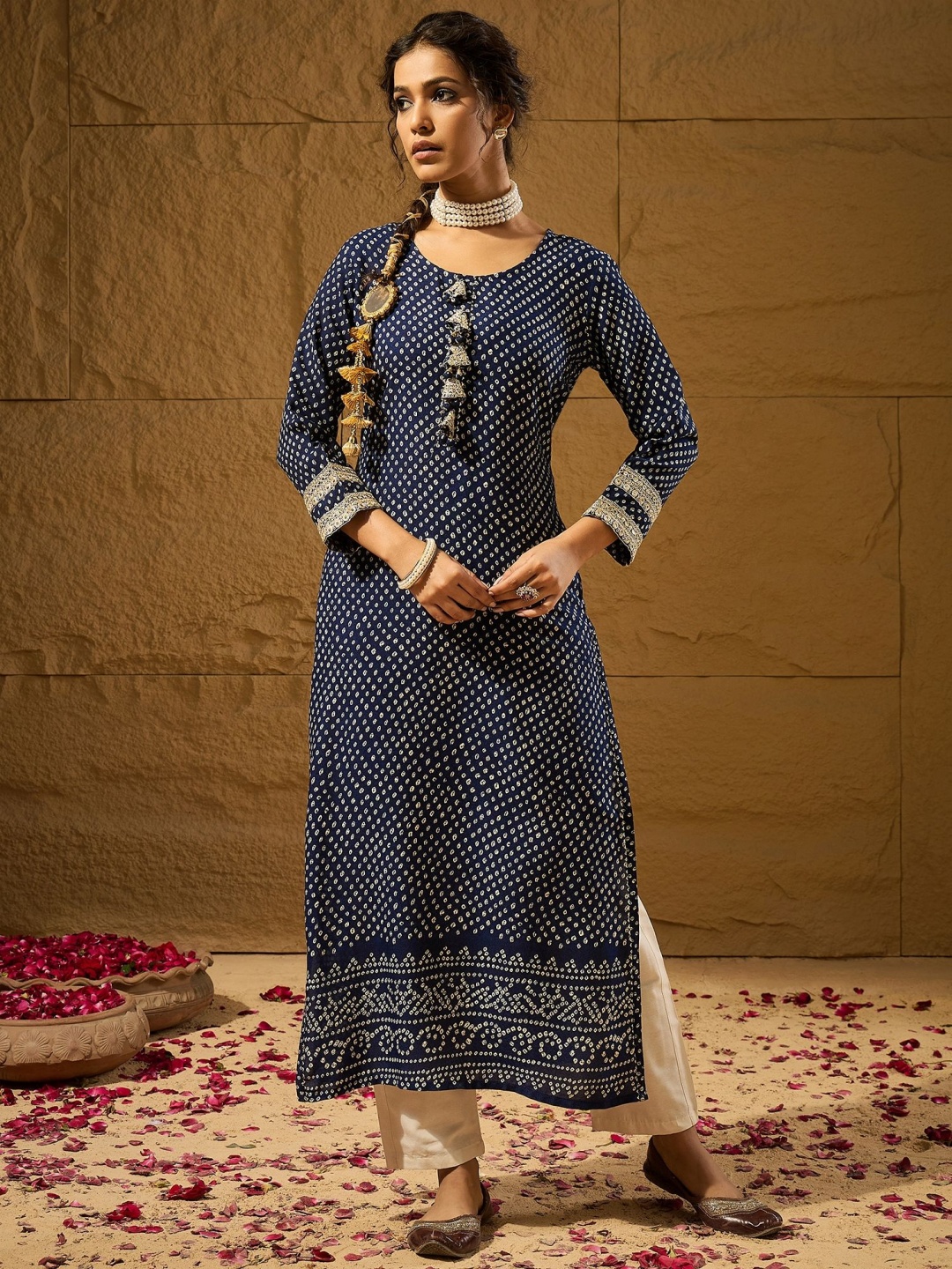 

Anouk Bandhani Printed Round Neck Straight Kurta, Navy blue