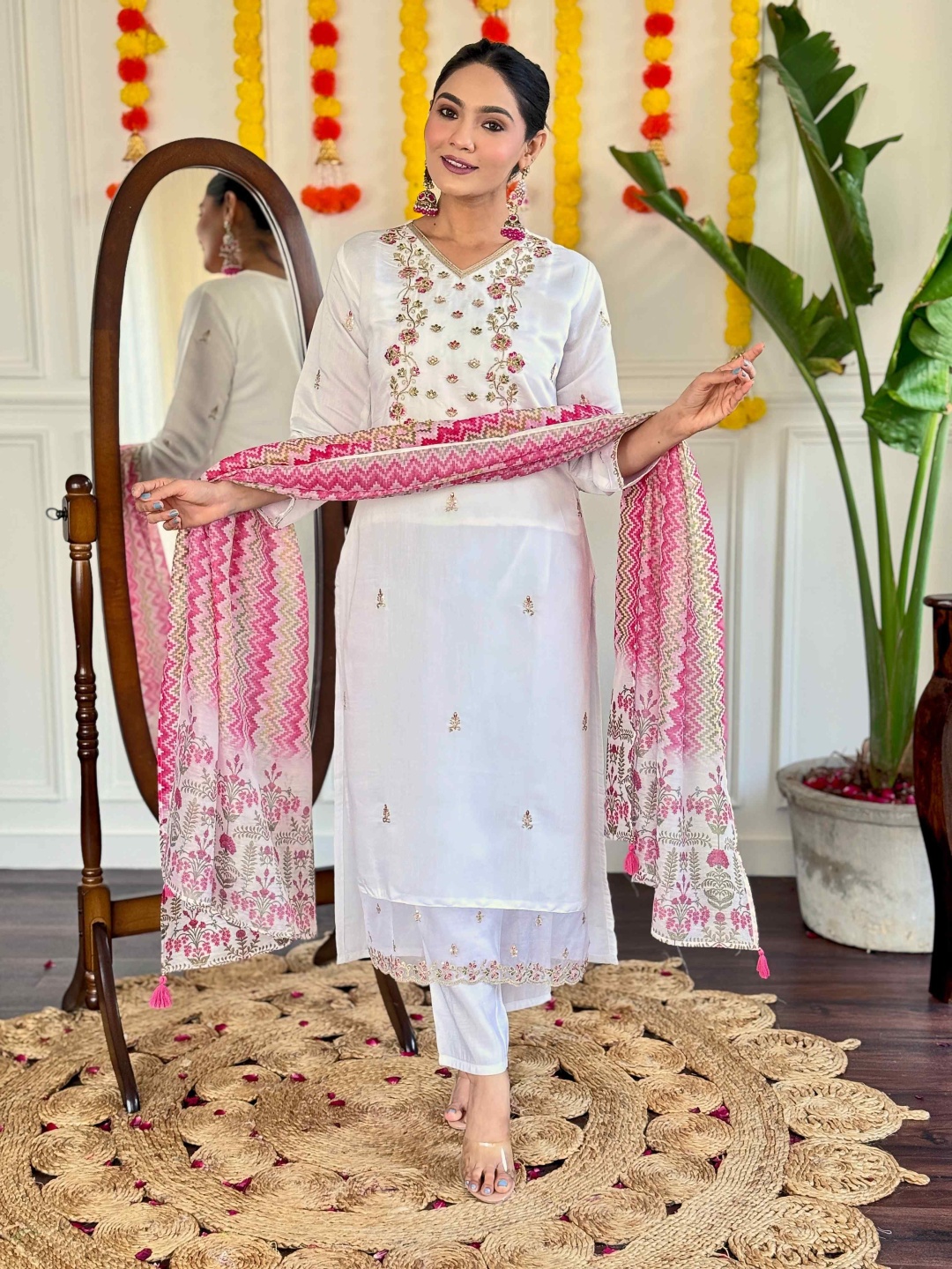 

HERE&NOW Floral Embroidered Notch Neck Chanderi Silk Kurta With Trousers And Dupatta, White