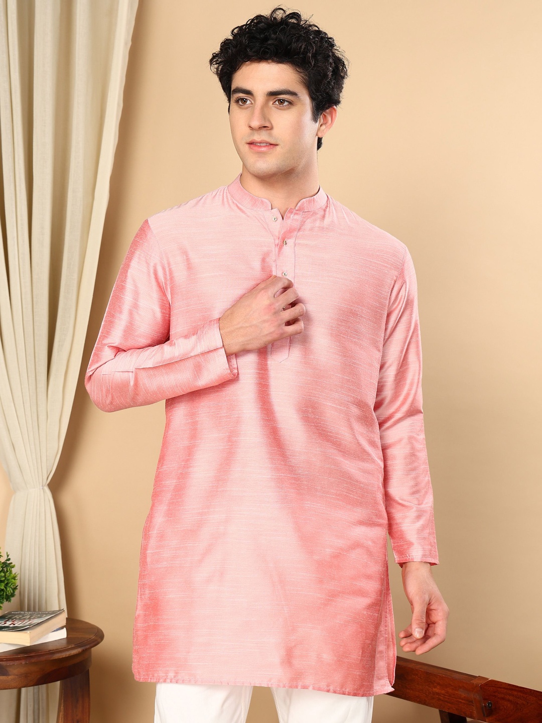 

TATTVA Mandarin Collar Pure Cotton Straight Kurta, Pink