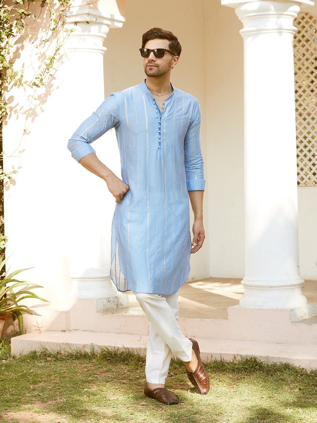 

MULTI SHADES Striped Embroidered Sequinned Straight Kurta With Pyjama, Blue