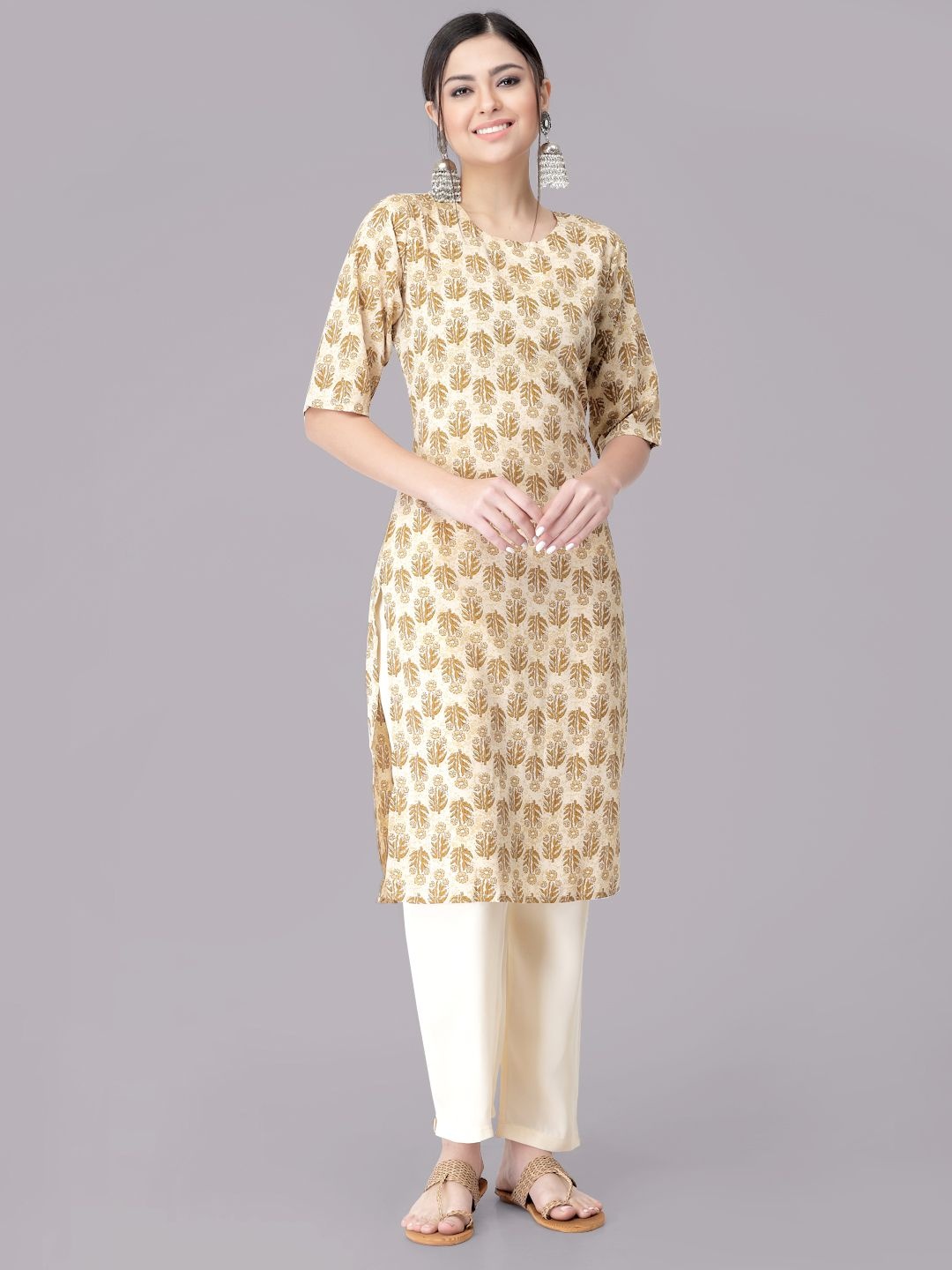 

7Threads Floral Printed Round Neck Straight Kurta With Trousers, Beige