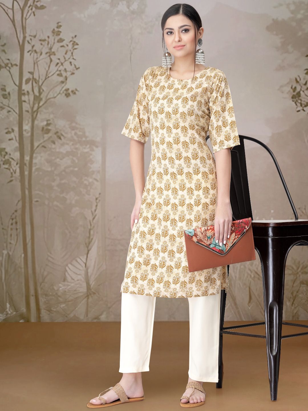 

7Threads Geometric Printed Round Neck Straight Kurta With Trouser, Beige