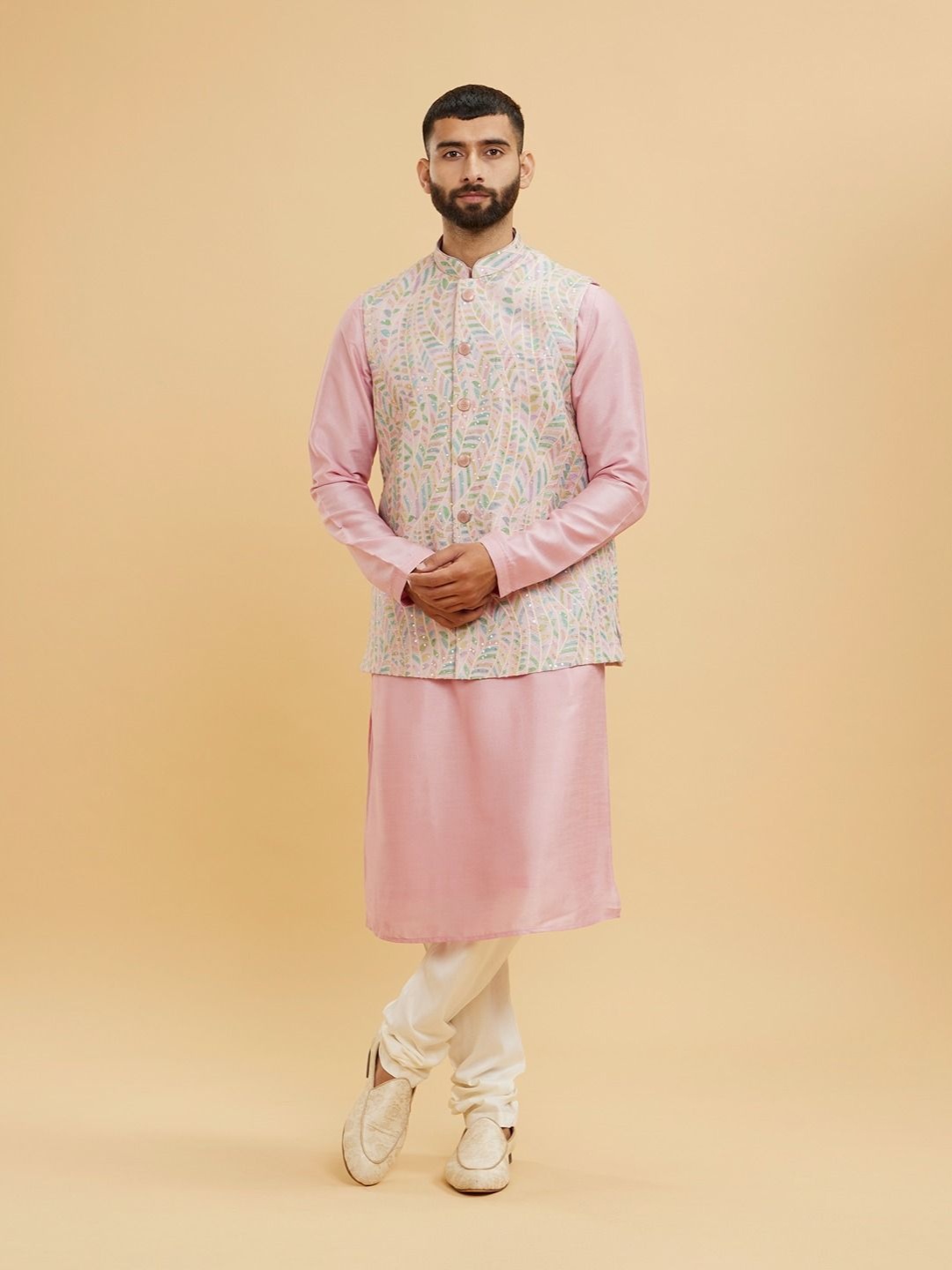 

Twamev Floral Printed Mandarin Collar Straight Kurta With Churidar & Nehru Jacket, Pink