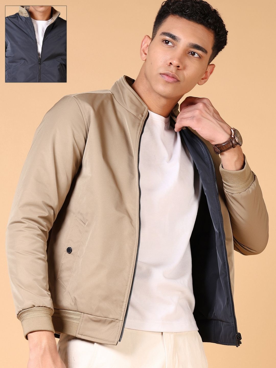 

V-Mart Men Mock Collar Solid Cotton Casual Bomber Reversible Jacket, Beige