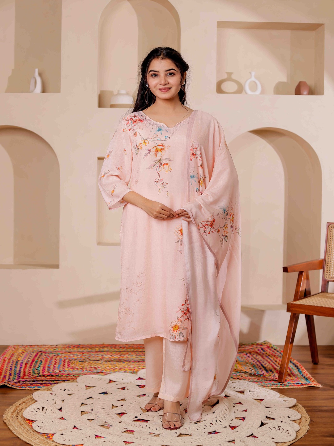 

VASVI Floral Printed Adda Work Pure Cotton Straight Kurta With Trouser & Dupatta, Peach