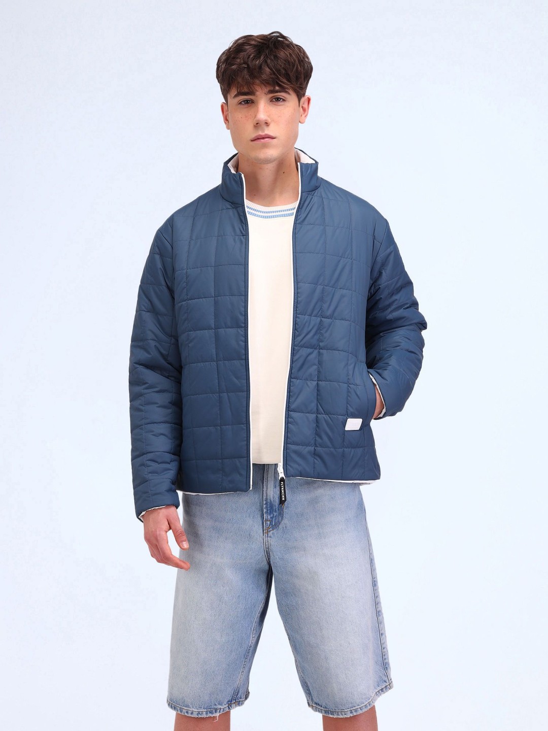 

Flying Machine Men Mock Collar Solid Casual Quilted Jacket, Blue