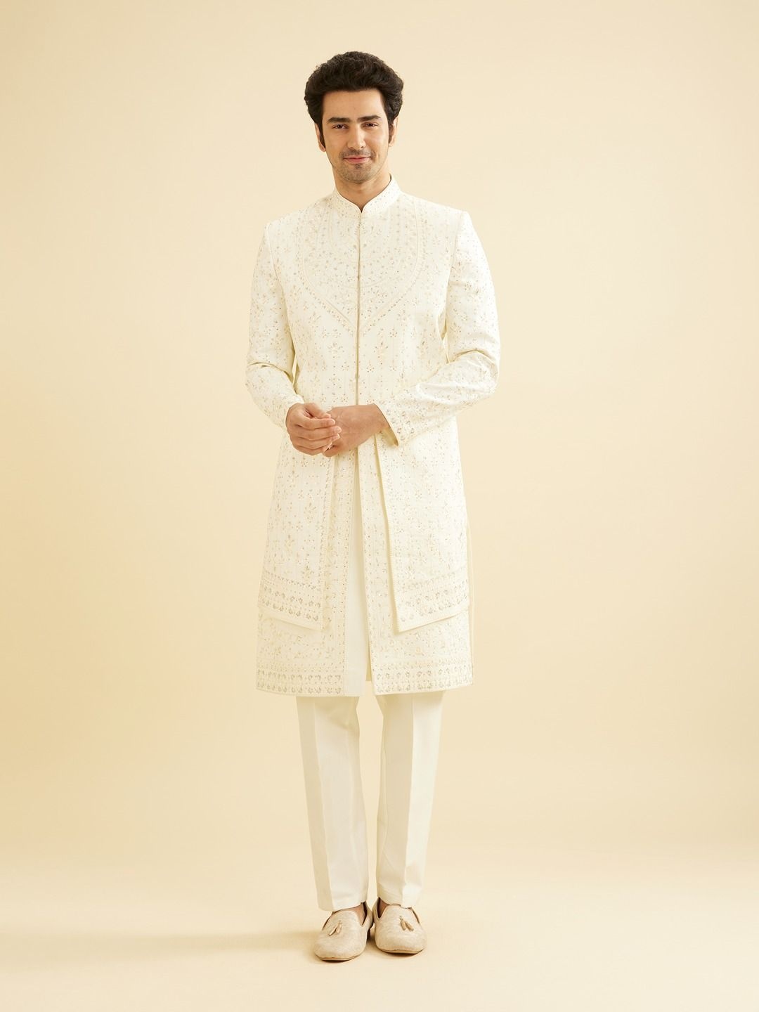 

Manyavar Men Embroidered Mandarin Collar Sherwani Set, Cream