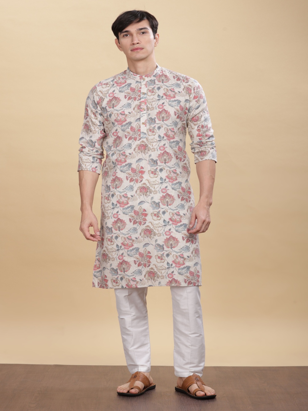 

Anouk Off-White Floral Printed Band Collar Cotton Straight Kurta