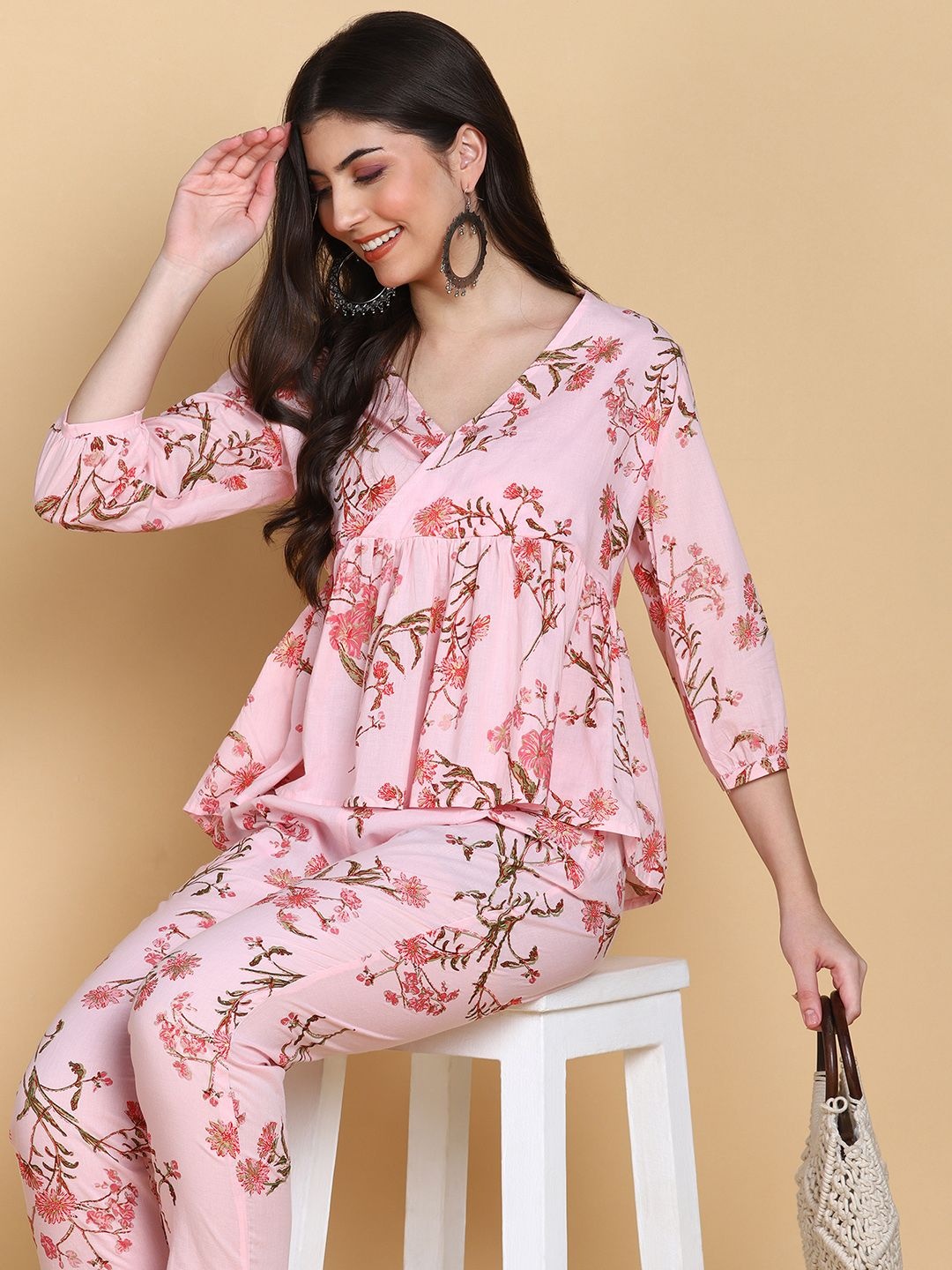 

HERE&NOW Printed V-Neck Three-Quarter Sleeves Pure Cotton Top & Trouser, Pink