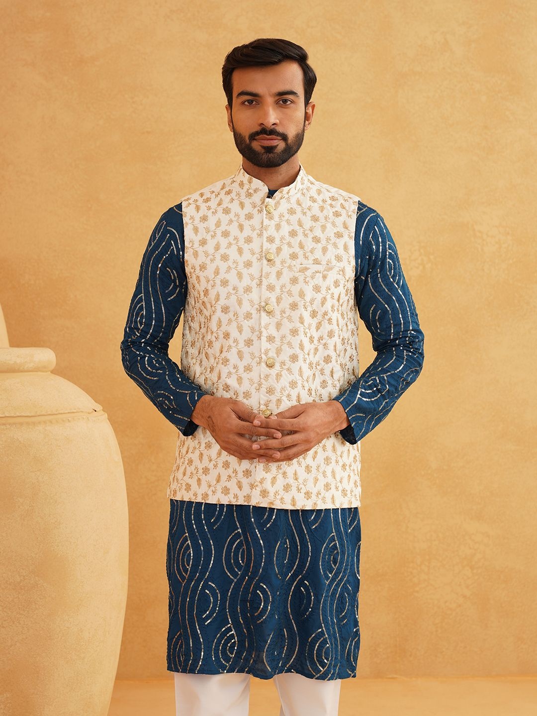 

SOJANYA Leheriya Sequinned Band Collar Pure Cotton Kurta With Churidar And Nehru Jacket, Teal