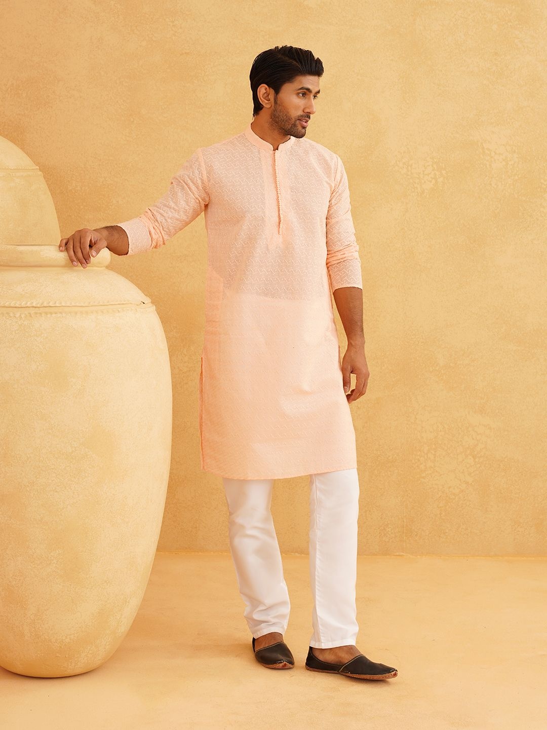 

SOJANYA Ethnic Motifs Chikankari Mandarin Collar Pure Cotton Straight Long Kurta, Peach