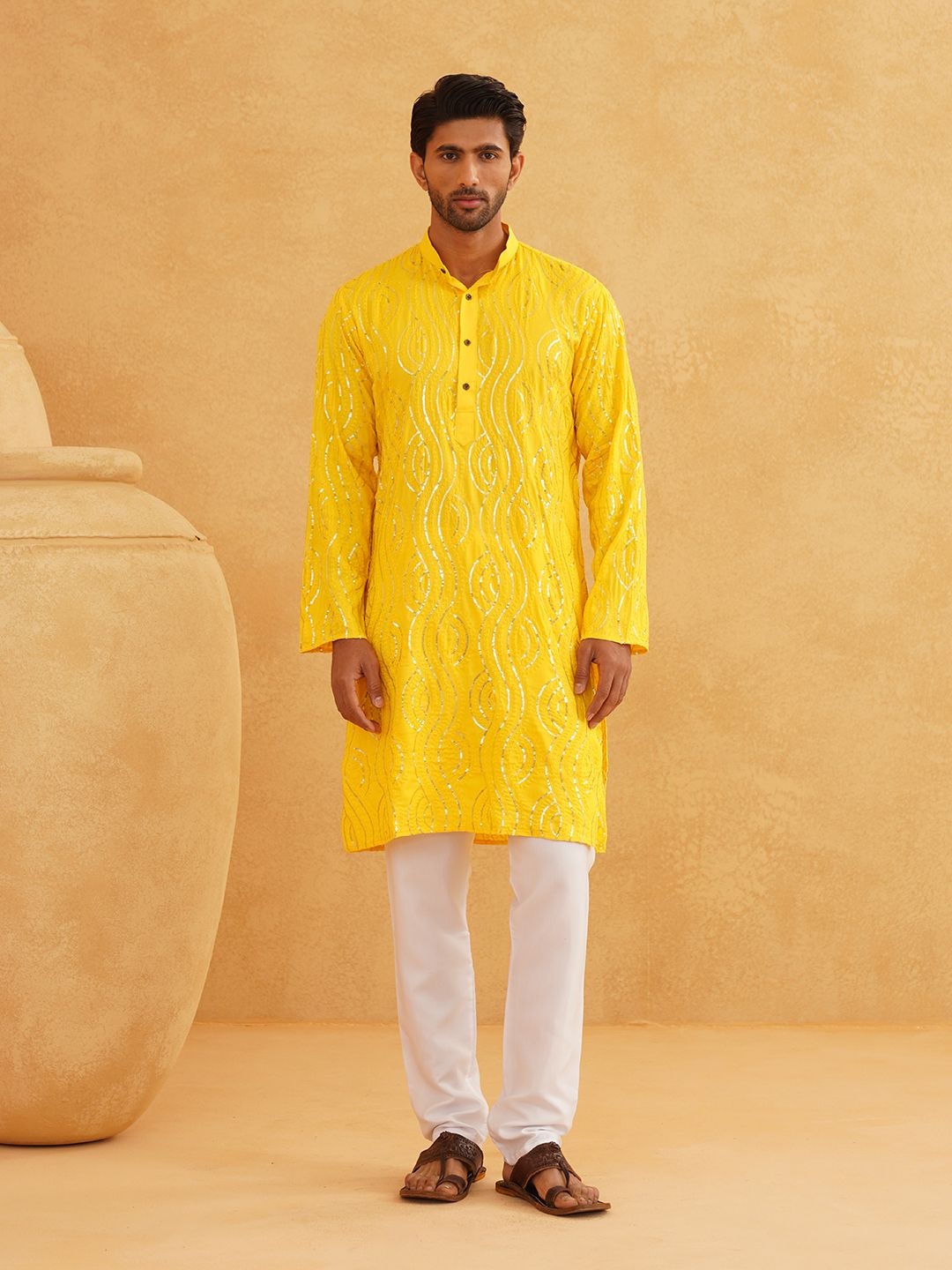 

SOJANYA Leheriya Sequinned Band Collar Pure Cotton Straight Kurta With Churidar, Mustard