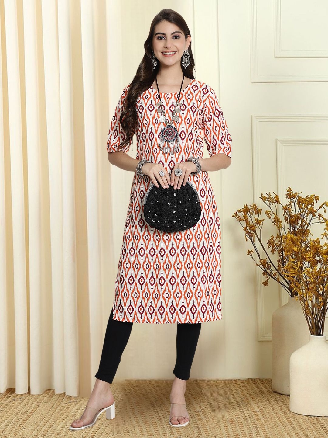 

7Threads Ethnic Motifs Printed Round Neck Straight Kurta, White