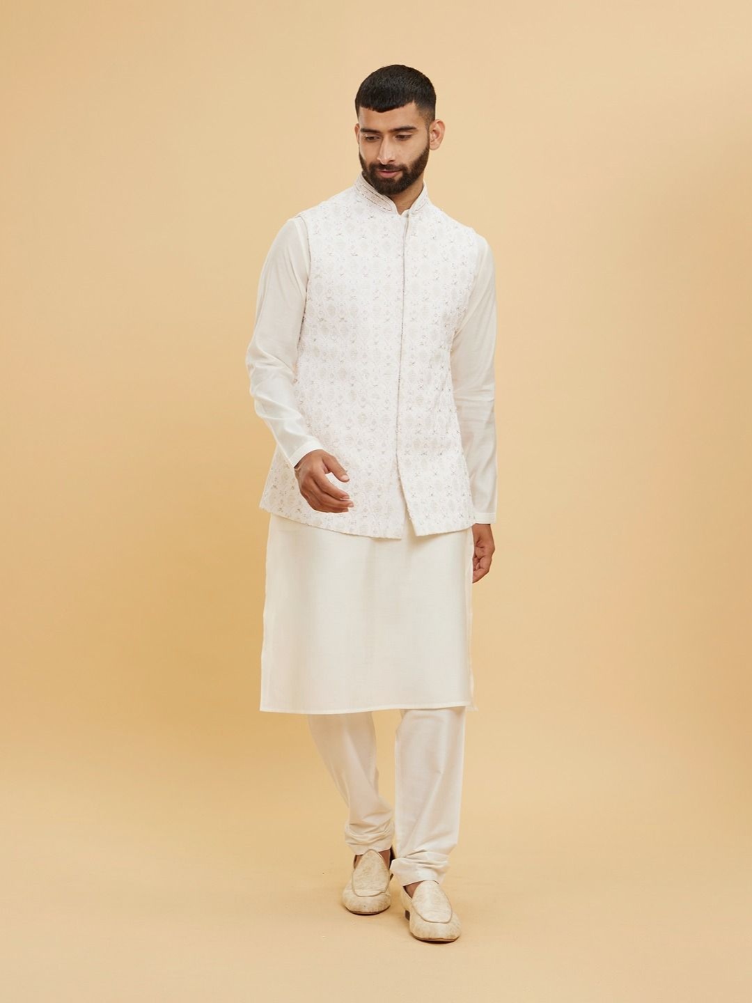 

Twamev Men Regular Sequinned Kurta with Churidar And Jacket, Cream