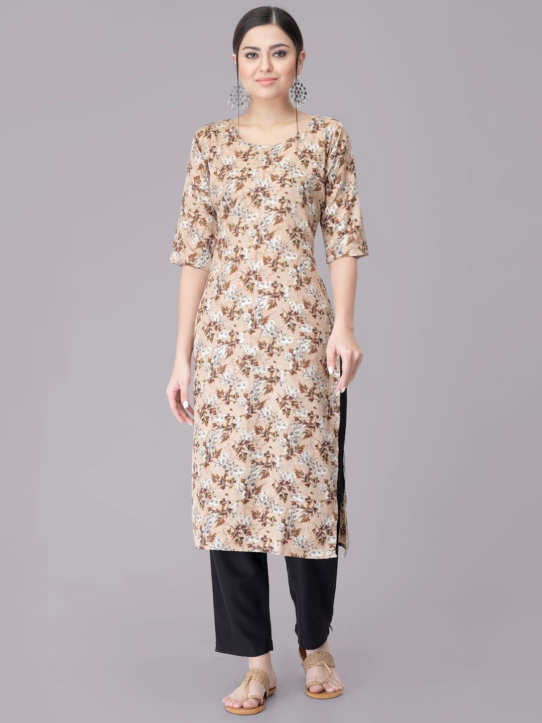 

7Threads Floral Printed Round Neck Straight Kurta With Trouser, Beige