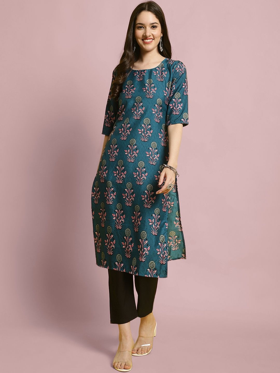 

7Threads Ethnic Motifs Printed Round Neck Kurta With Trousers, Blue