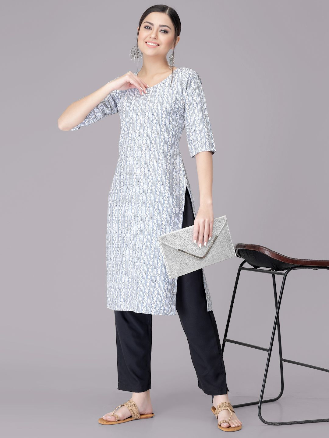 

7Threads Geometric Printed Round Neck Straight Kurta With Trousers, White