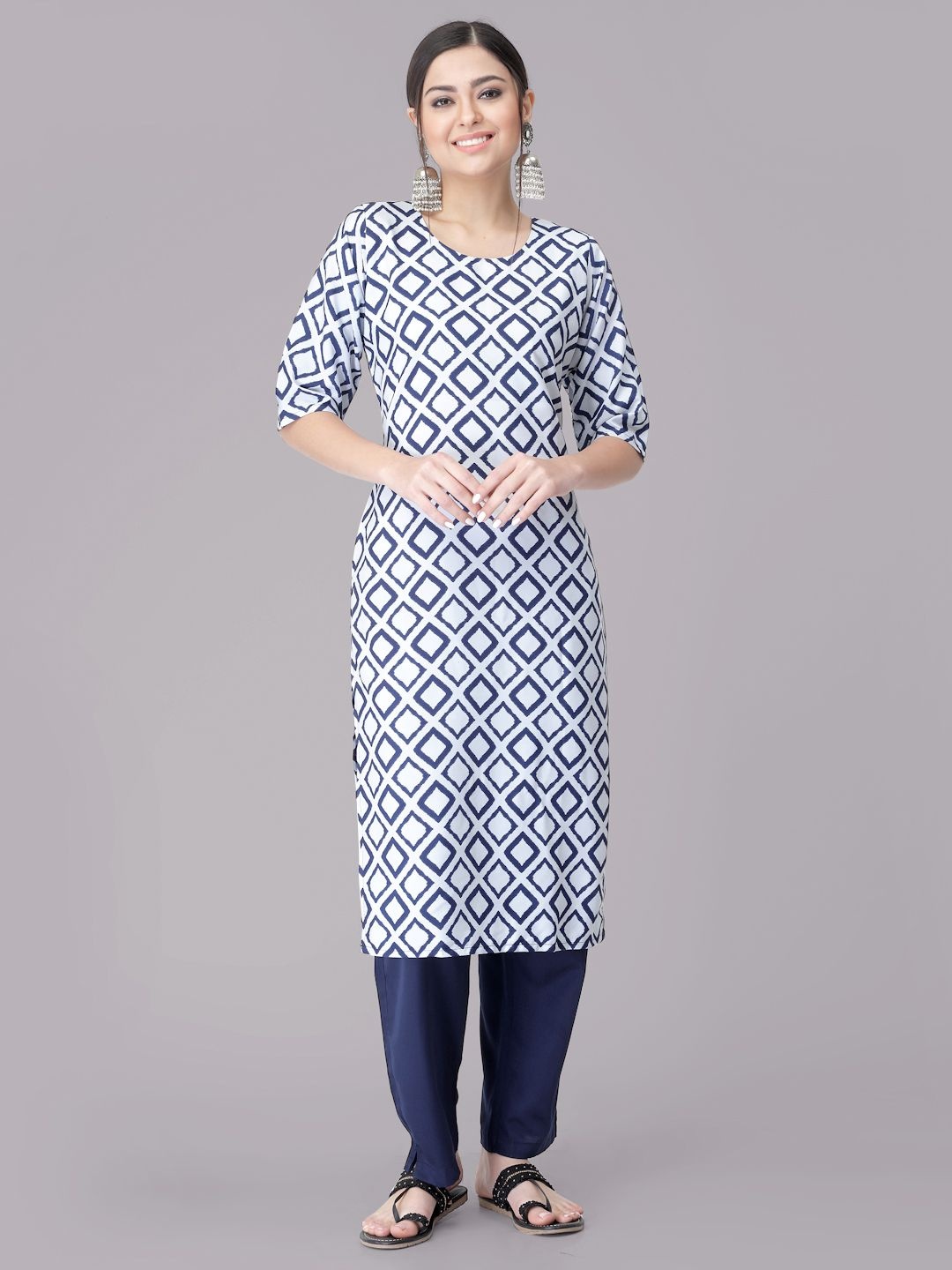 

7Threads Geometric Printed Round Neck Straight Kurta With Trouser, White