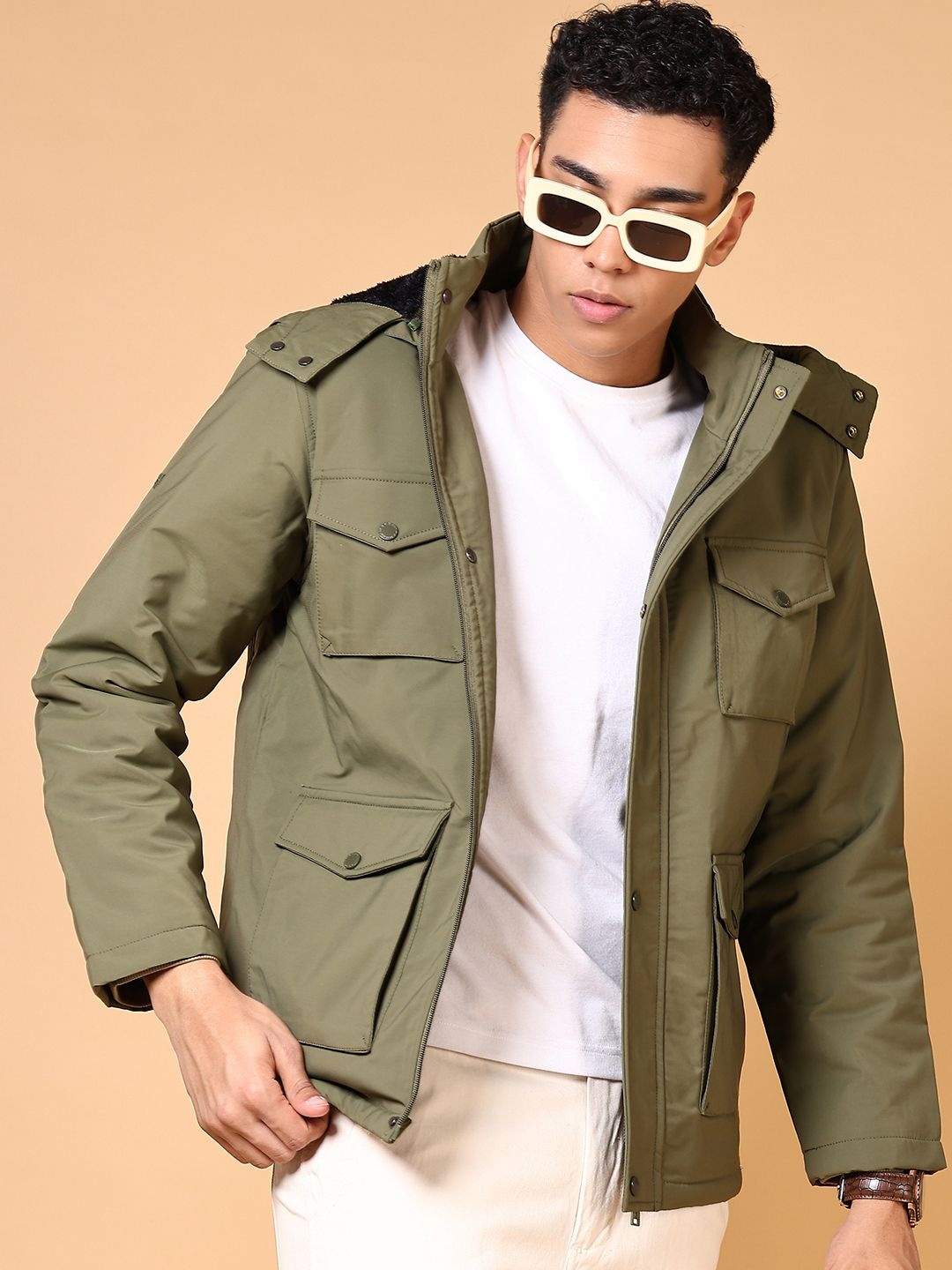 

V-Mart Men Hooded Solid Cotton Casual Padded Jacket, Olive