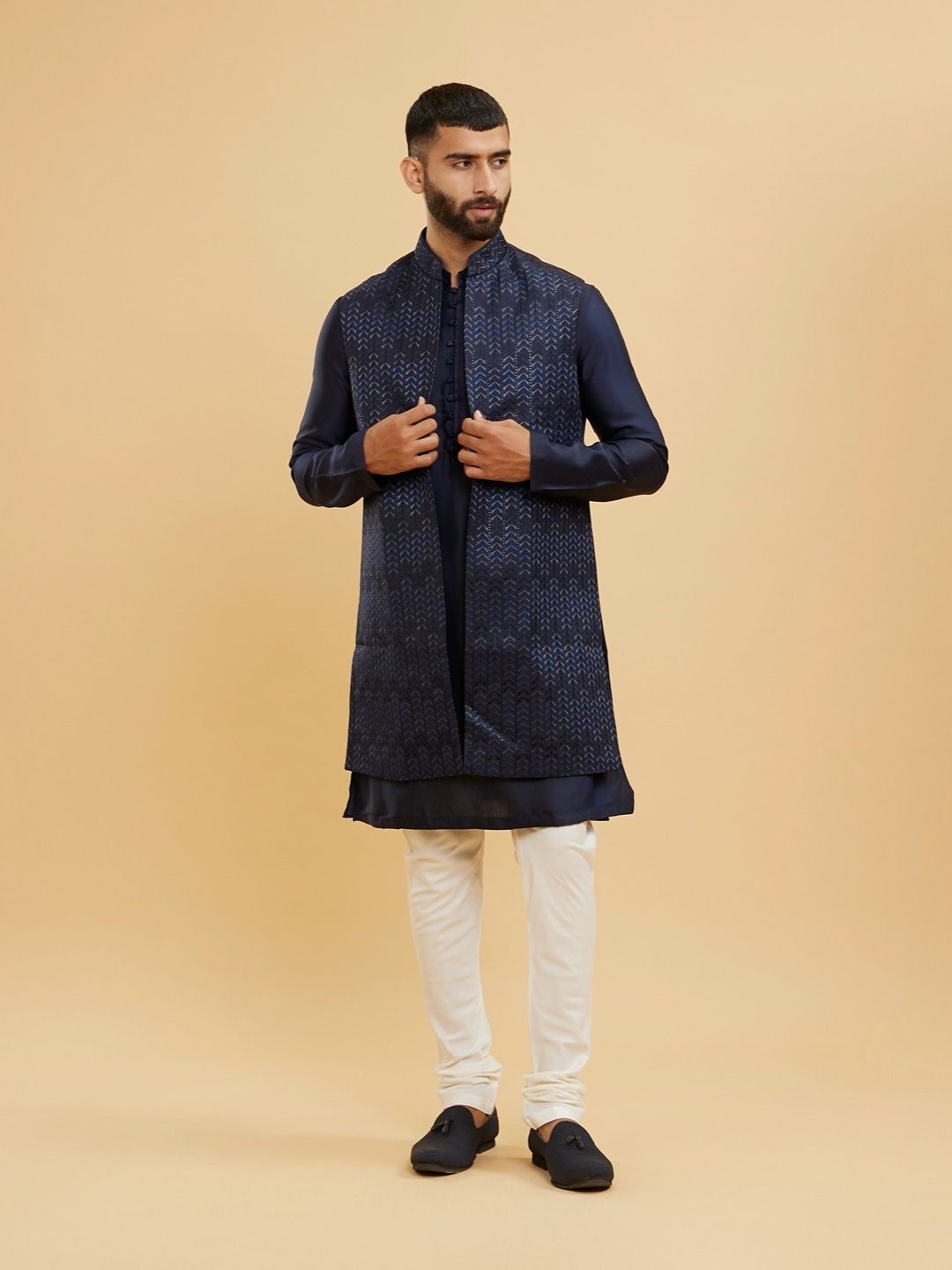 

Twamev Mandarin Collar Thread Work Satin Straight Kurta With Churidar & Nehru Jacket, Blue