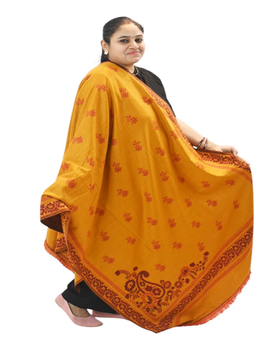 

Vrinde Kashmiri Floral Woven Design Woollen Shawl, Yellow