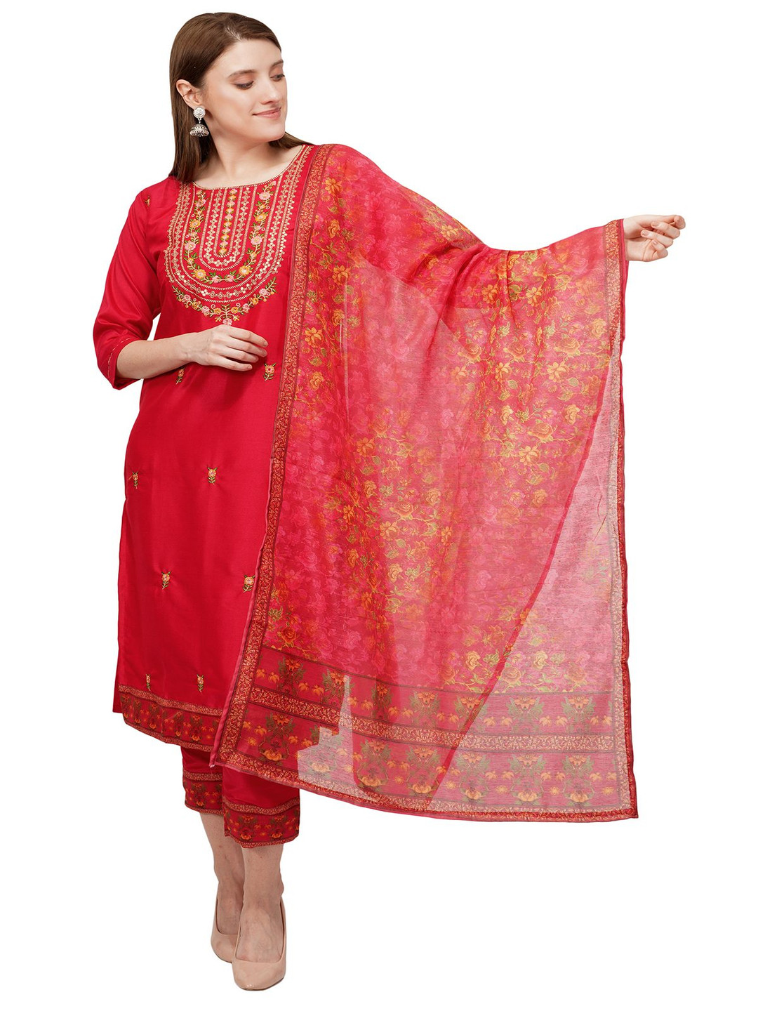 

inkara Floral Embroidered Sequinned Pure Cotton Straight Kurta With Trousers And Dupatta, Red
