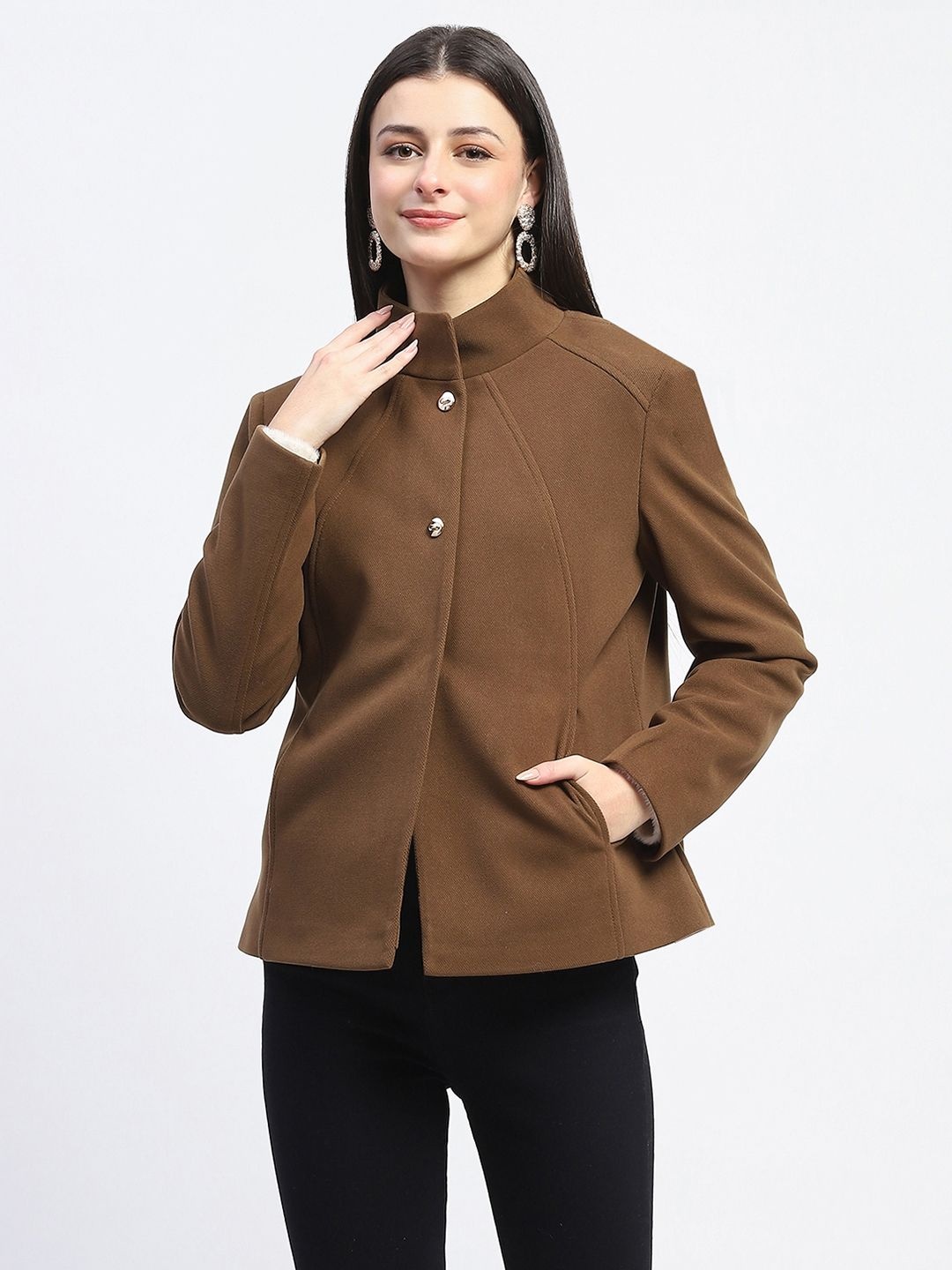 

Madame Mock Collar Single-Breasted Overcoat, Coffee brown