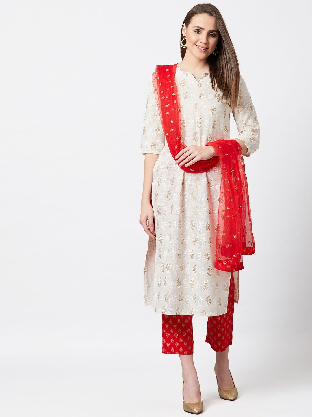 

PANIT Ethnic Motifs Foil Printed Notch Neck Straight Kurta With Trousers And Dupatta, Off white