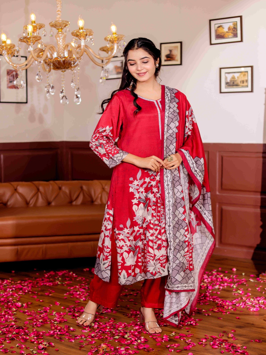 

VASVI Floral Printed Sequinned Straight Kurta With Trouser And Dupatta, Red